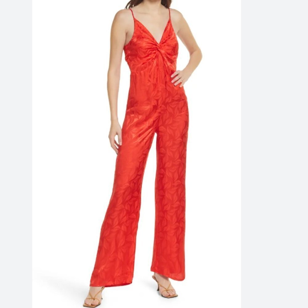 NSR Jacquard Print Spaghetti Strap Jumpsuit - Red - size Medium